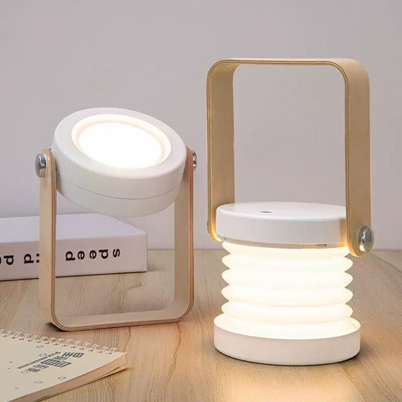 Foldable Camping Lantern with Wooden Handle - Portable LED Lamp, 3-Level Brightness Touch Control Retractable Reading Light, USB Charging Eye-Caring for Bedroom Bedside Study Office Outdoor