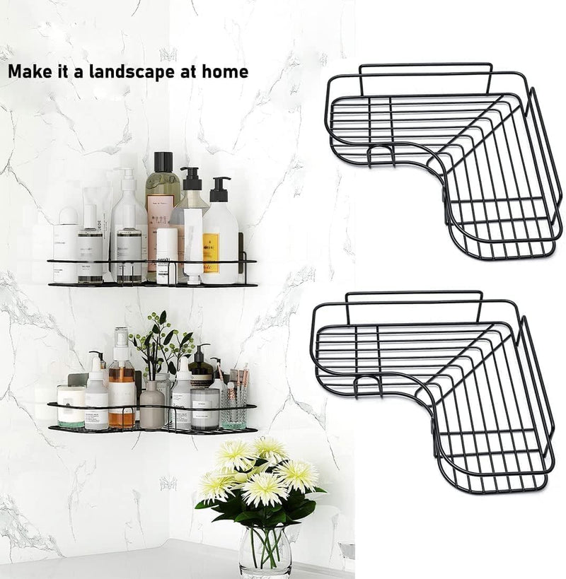 SKY-TOUCH 2Pcs Corner Shower ShelvesSelf Adhesive No Drilling Wall Mounted Shower Storage Shelf Organizer For Your Bathroom, Kitchen And ToiletIron ArtBlack