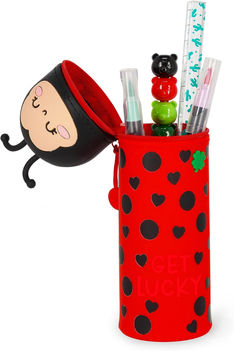 Legami - Kawaii School Pencil Case 2 in 1 Soft Silicone, Ladybug Theme, Table Pen Holder, Zipper Closure, Pastel Pens Marker, H 21.5 cm