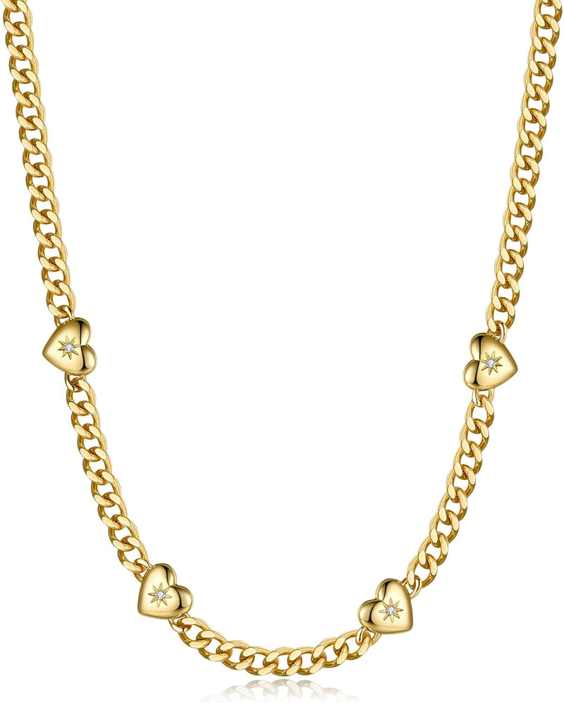 14K Gold Plated Dainty Choker Necklace for Women Girls Snake Chain, Cuban Link, Paperclip, Ball Beaded Chain, Natural Freshwater Pearl Necklace Fashion Jewelry for Gift - Heart
