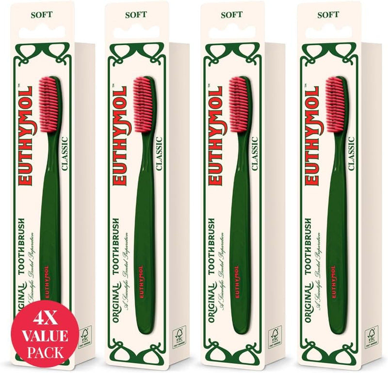 Euthymol Classic Toothbrush, Large - (4 Pack) Full Head, Soft Bristle Triple Curve Manual Toothbrush for Maximum, Efficient Cleaning and Sensitive Gums and Teeth