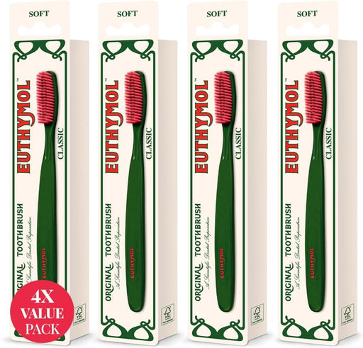 Euthymol Classic Toothbrush, Large - (4 Pack) Full Head, Soft Bristle Triple Curve Manual Toothbrush for Maximum, Efficient Cleaning and Sensitive Gums and Teeth
