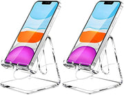 Crpich Acrylic Cell Phone Stand, Portable Phone Holder, White Phone Stand for Desk, Compatible with Phone 13 12 Pro Max Mini 11 Xr 8 Plus SE, Switch, Android Smartphone, Pad, Tablet, Desk Accessories - 2 Pack 1-Clear