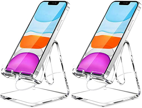 Crpich Acrylic Cell Phone Stand, Portable Phone Holder, White Phone Stand for Desk, Compatible with Phone 13 12 Pro Max Mini 11 Xr 8 Plus SE, Switch, Android Smartphone, Pad, Tablet, Desk Accessories - 2 Pack 1-Clear