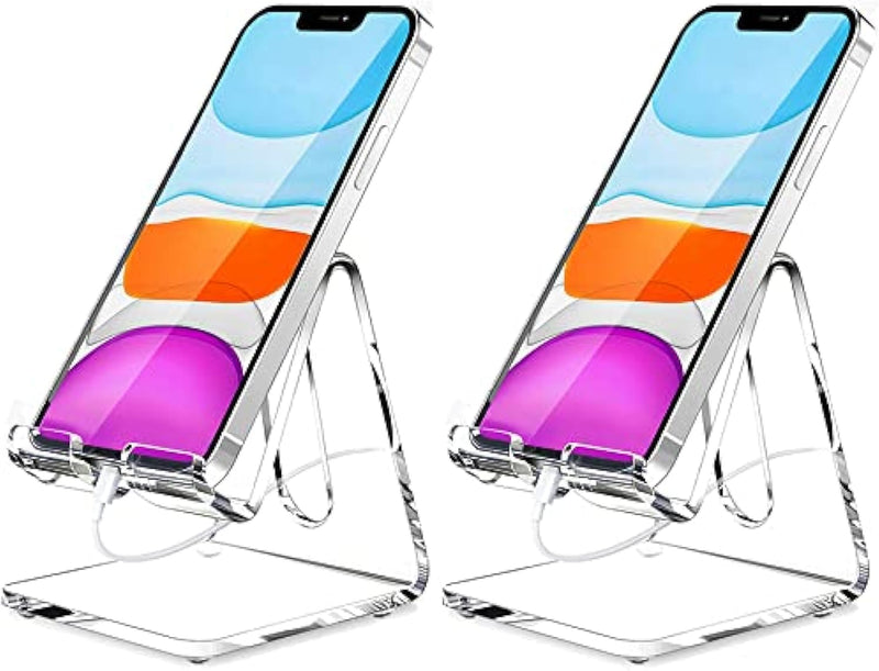 Crpich Acrylic Cell Phone Stand, Portable Phone Holder, White Phone Stand for Desk, Compatible with Phone 13 12 Pro Max Mini 11 Xr 8 Plus SE, Switch, Android Smartphone, Pad, Tablet, Desk Accessories - 2 Pack 1-Clear