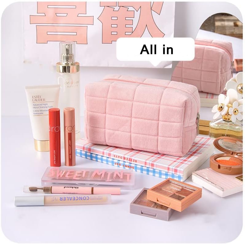 LYDZTION Plush Makeup Bag Cosmetic Bag for Women,Zipper Large Solid Color Travel Toiletry Bag Travel Make Up Toiletry Bag Washing Pouch, white