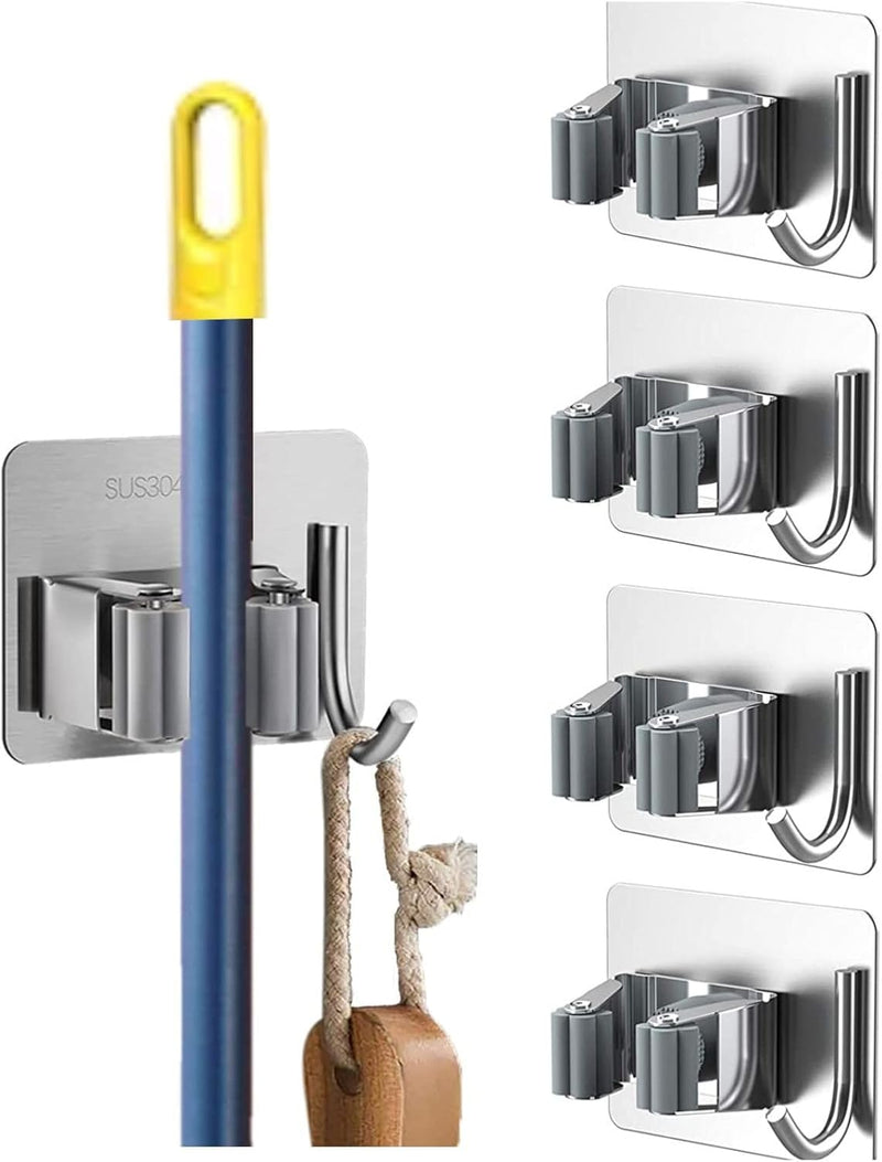 ZALCOON 2 PCS Mop Broom Holder Wall Mount - Mop Holder Self Adhesive No Drilling Super Anti-Slip Broom Holder for Home Garage Garden Laundry Room, kitchen organizer Tools (Mix) - 4 Pieces With Hook