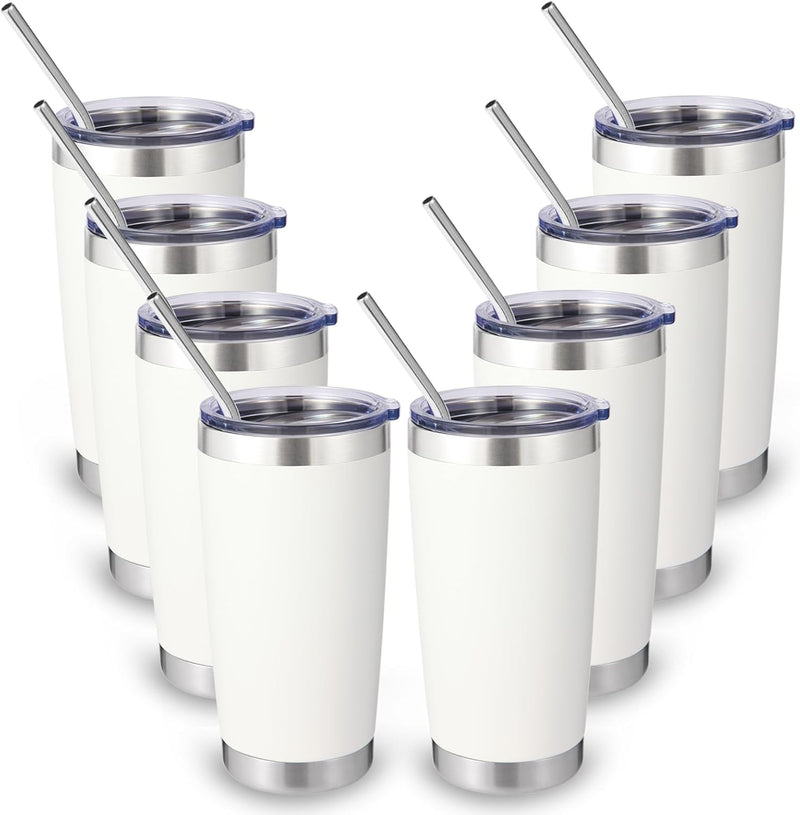 Volhoply 20oz Stainless Steel Tumbler with Lid and Straw,Double Wall Insulated Travel Iced Coffee Mug Fits Car Cup holder,Powder Coated Cups for Hot and Cold Drinks,Gifts for Women Men（White,1 Set）