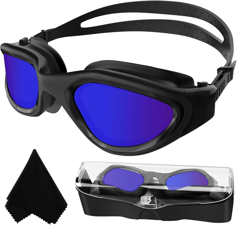 Winline Swimming Goggles Polarized Lenses Anti Fog Anti UV Waterproof Clear Vision Easy Adjust Soft Bridge for Men Women Adults Teens - PC-All Black/Non-polarized Blue Mirrored Lens