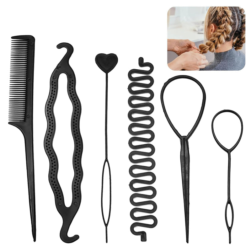 Premify 6 Pcs Terry Tool Set, Hair Styling Accessories Kit for Women & Girls, Bun Maker French Braiding tools For Making DIY Hair Fashion Styles, Hair Braiders for Twist Ponytail Maker (Black)