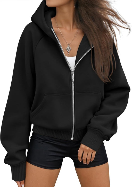 Womens Zip Up Cropped Hoodies Fleece Oversized Sweatshirts Full Zipper Jackets Y2k Fall Clothes 2023 Fashion Outfits - Black