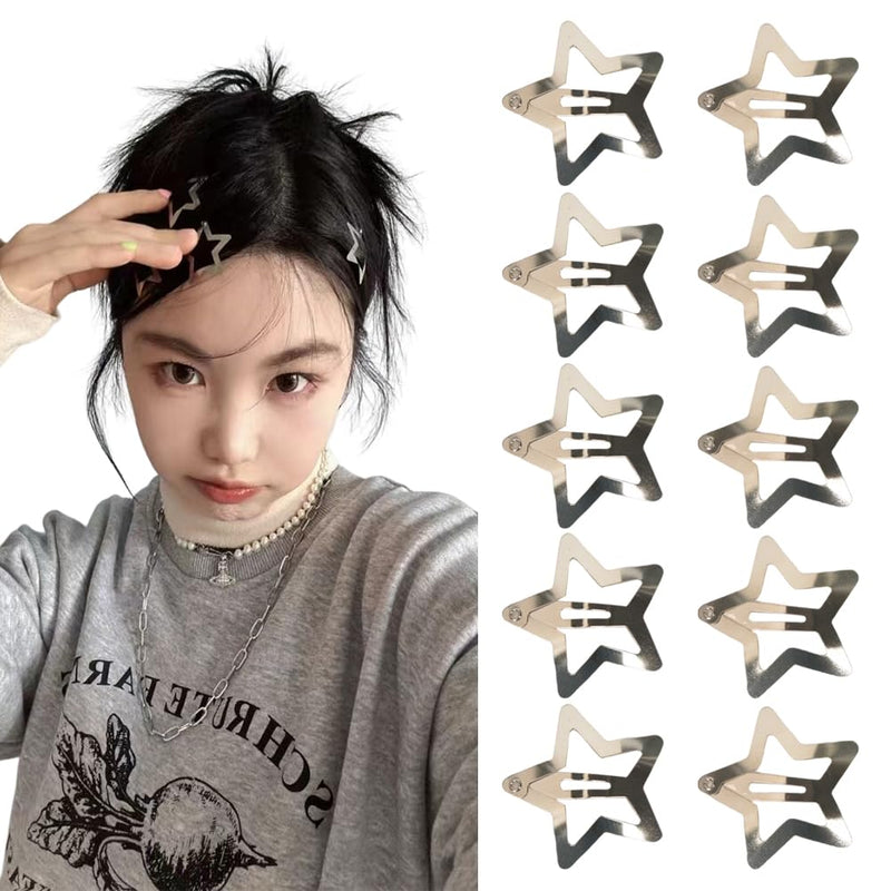 Kefley Star Snap Hair Clips Silver Y2K 2000s 10 Pieces Girls Hair Barrettes Hairclips Headpieces Non Slip Metal Stars Hair Accessories for Women Girls