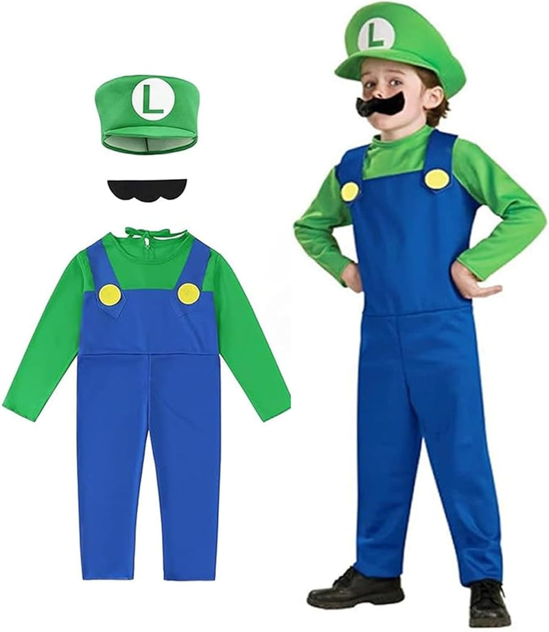 Halloween Super Brothers Costume for Kids,HAlloween Cosplay CostUme Boys Girls Cartoon Outfits with Caps and Beard Accessory - Green-130cm