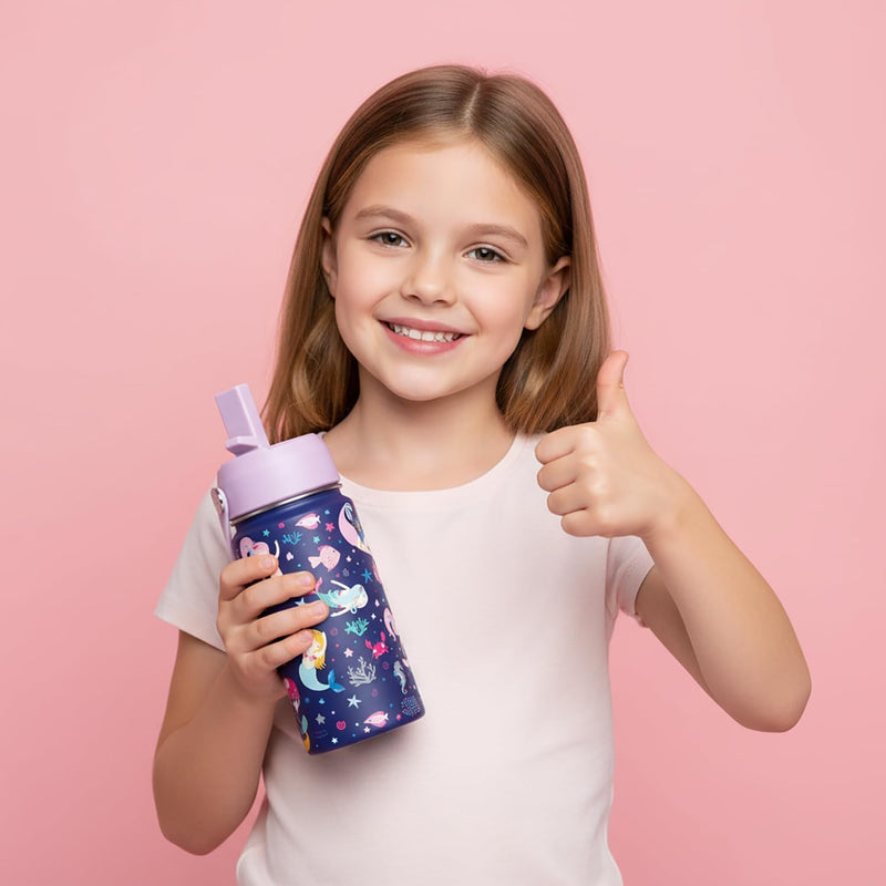 water bottle for kids 410ml, stainless steel water bottle with Straw Lid, Leakproof Sports thermos hydro flask,Double Wall Vacuum Flask for Toddler Girls & Boys, BPA-Free, 14oz