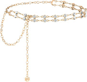 Women Rhinestone Chain Belt for Dress, Flower Metal Waist Belt Adjustable Crystal Belt Skinny Wedding Waist Band - Gold