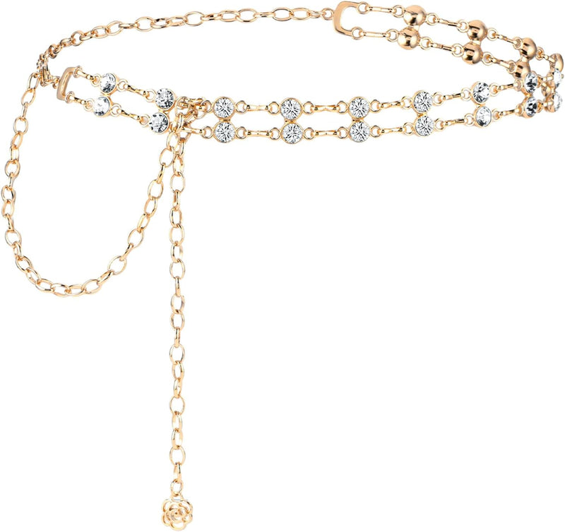 Women Rhinestone Chain Belt for Dress, Flower Metal Waist Belt Adjustable Crystal Belt Skinny Wedding Waist Band - Gold