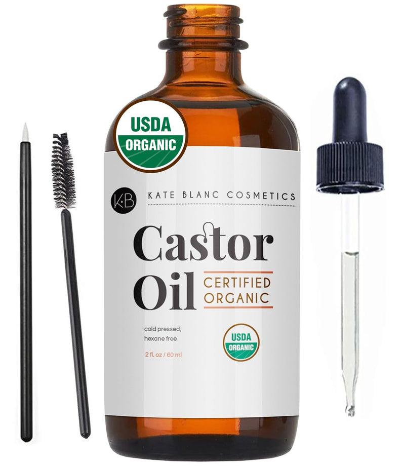 Castor Oil (2oz) USDA Certified Organic, 100% Pure, Cold Pressed, Hexane Free by Kate Blanc. Stimulate Growth for Eyelashes, Eyebrows, Hair. Lash Growth Serum. Brow Treatment. FREE Mascara Starter Kit
