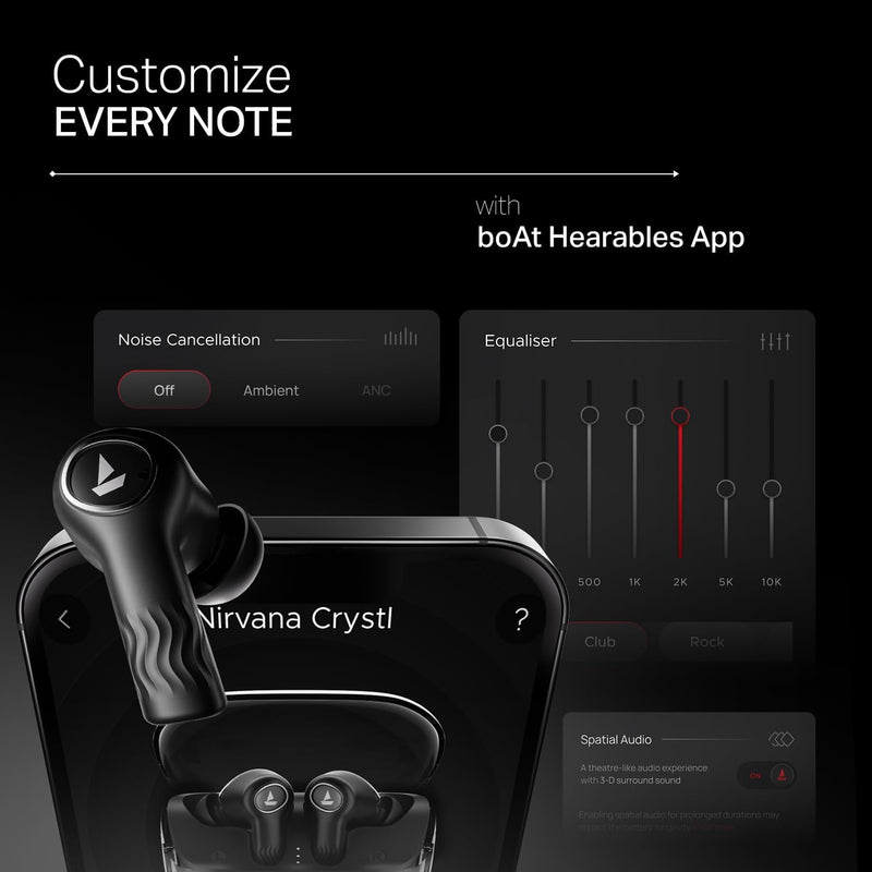 boAt New Launch Nirvana Crystl, Transparent Case,Spatial Audio, ANC(32dB), 100Hrs Battery,4Mics ENx, Dual Pair,App Support, Bluetooth Earbuds, TWS Ear Buds Wireless Earphones with mic (Quantum Black)