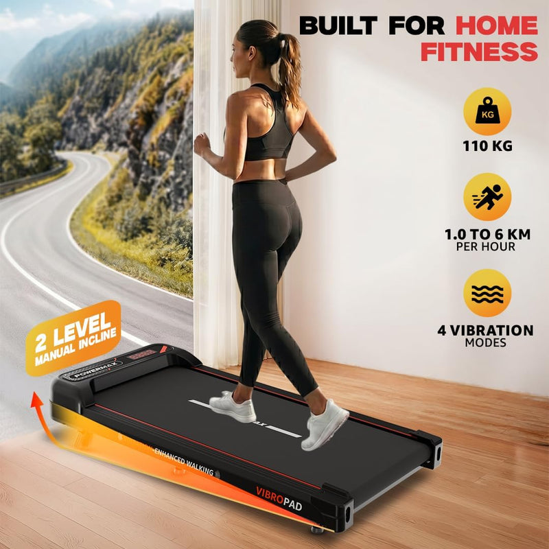 PowerMax Fitness VibroPad 3.5 HP BLDC Motorized 4 in 1 Vibration Walking Pad Treadmill for Home Use 8% Manual Incline with Remote Control Top Speed 6kh/h LED Display Running Surface 900x385mm