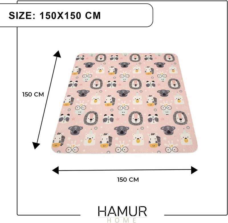 Hamur Home Baby Play Mat Non-slip Play Mat Foldable Crawling Mat Kids Baby Mat 150 X 150 Cm For Kids Room Playroom Washable Machine Washable Kids Carpet (Animals)