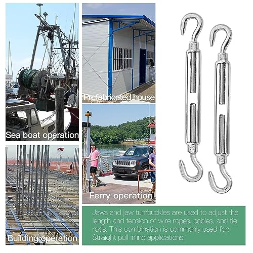 THE WHITE SHOP 6PCS M10 hooks, 304 stainless steel turnbuckles Wire rope tension heavy duty turnbuckles for cable guardrail wire rope Hardware components