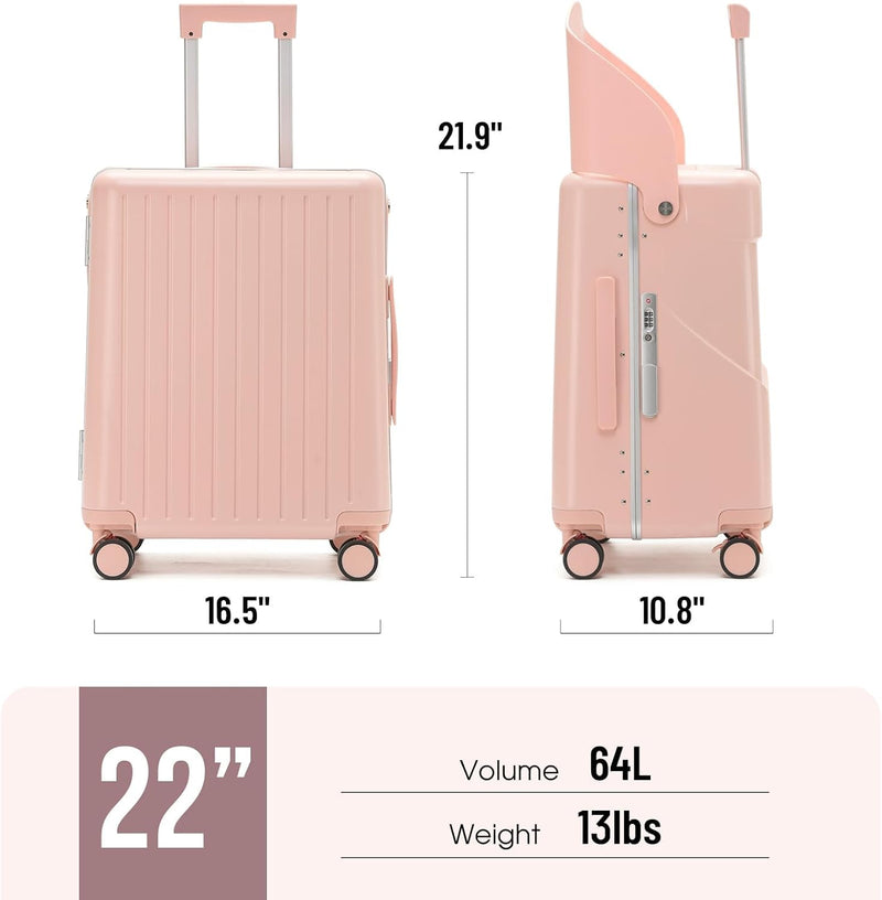 4-Wheel Checked Luggage with Seat for Kids, Travel Suitcase with Adjustable Handle and Hard Shell, Ride-On Suitcase with Child Seat Design for Family Travel, 22 Inch, Pink
