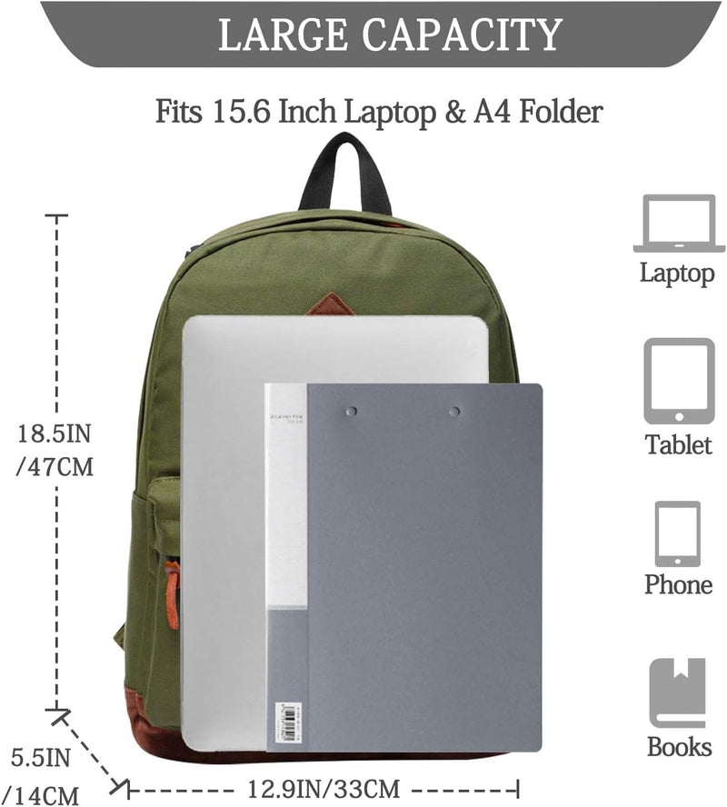 VASCHY Men's Backpack, Women's Waterproof School Bag, Boy Girl Computer 15.6 Inch Vintage for School, College, Work, Travel, Leisure