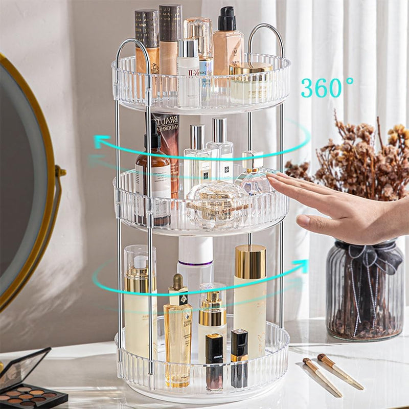 LENDIS Rotating Makeup Organizer Dressing Table 3 Tiers, Large Capacity Skin Care Transparent Makeup Storage Perfume Organizer Makeup Dresser Organizer Countertop 360 Rotation (Gray)