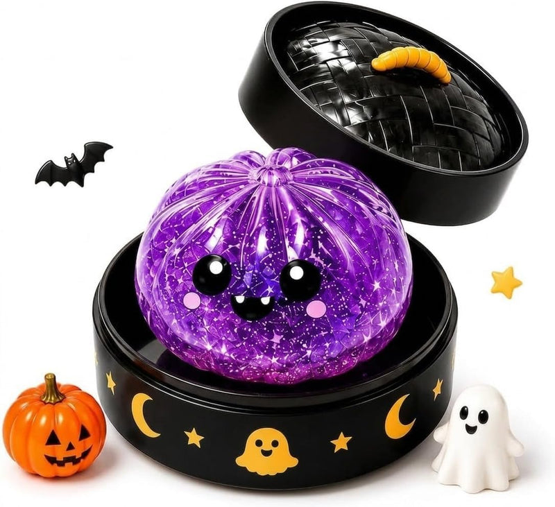 Halloween Spooky Glitter Dumpling Squishies Toys, Dumplings Stress Balls for Adults Fidget Toy with Steamer, Cute Halloween Decor Ghost Bao Bun Squishes for Anxiety Relief, Orange - Purple