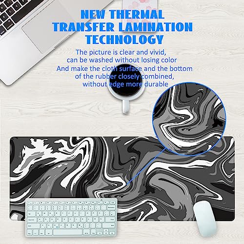 Desk Mat, Abstract Black White Ink Liquid Waves Extended Gaming Mouse Pad Large, 31.5"x11.8" Big Mouse Pad with Non-Slip Base and Stitched Edge, Long Computer Keyboard Mouse Mat for Home Office Work
