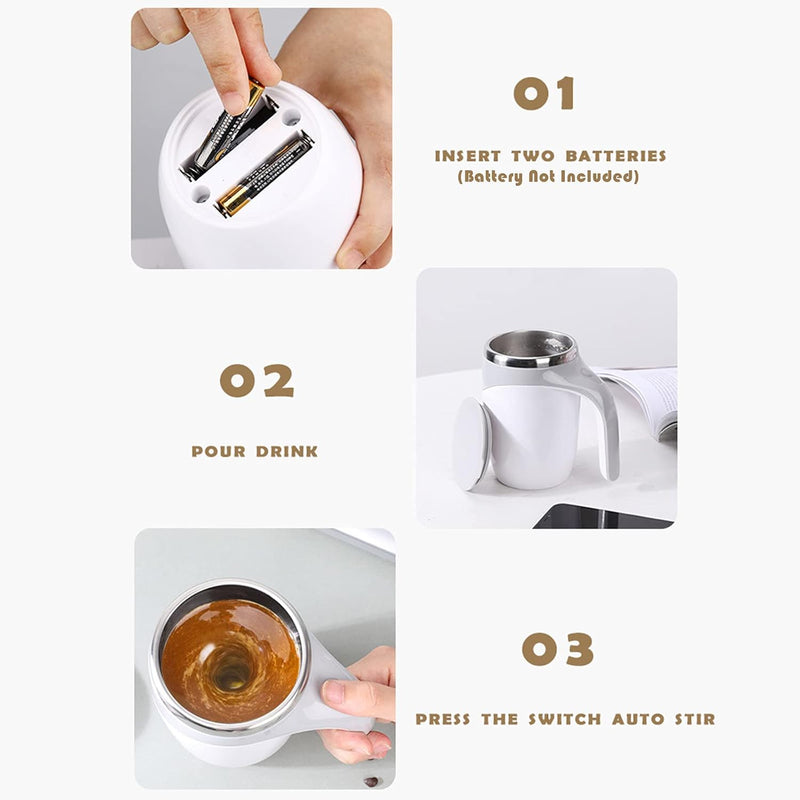 SHOWAY 380mL Self Stirring Mug with Lid Automatic Coffee Cup Electric Stainless Steel Mixing for Milk Cocoa Hot Chocolate