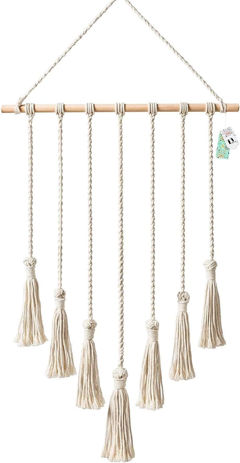 Hanging Photo Displays Macrame Wall Hanging Picture Organizer with 25 Wood Clips Boho Hone Decor for Home, Living Room, Bedroom, Best, Ivory White, 42.5" LÃ17" W