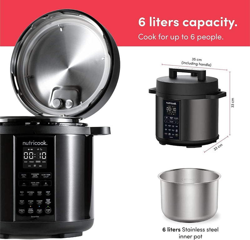Nutricook Smart Pot 2 Rice Cooker, Steamer, Sauté Pot, Yogurt Maker & More,9 In 1 Electric Pressure Cooker, Slow Cooker,6 Liters, 12 Smart Programs With New Smart Lid