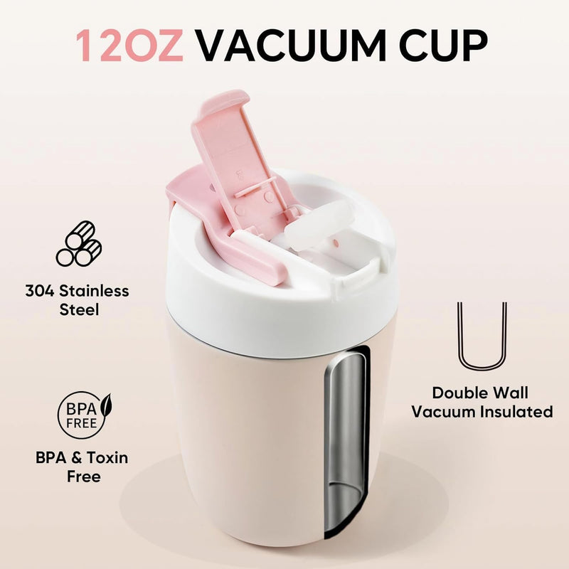 Travel Coffee Mug with Ceramic Coating, 12oz Double Wall Insulated Coffee Tumbler with Lid and Straw, Stainless Steel Leak Proof Tumbler Reusable Coffee Cup for Cold&Hot Drinks, Men Women, Pink