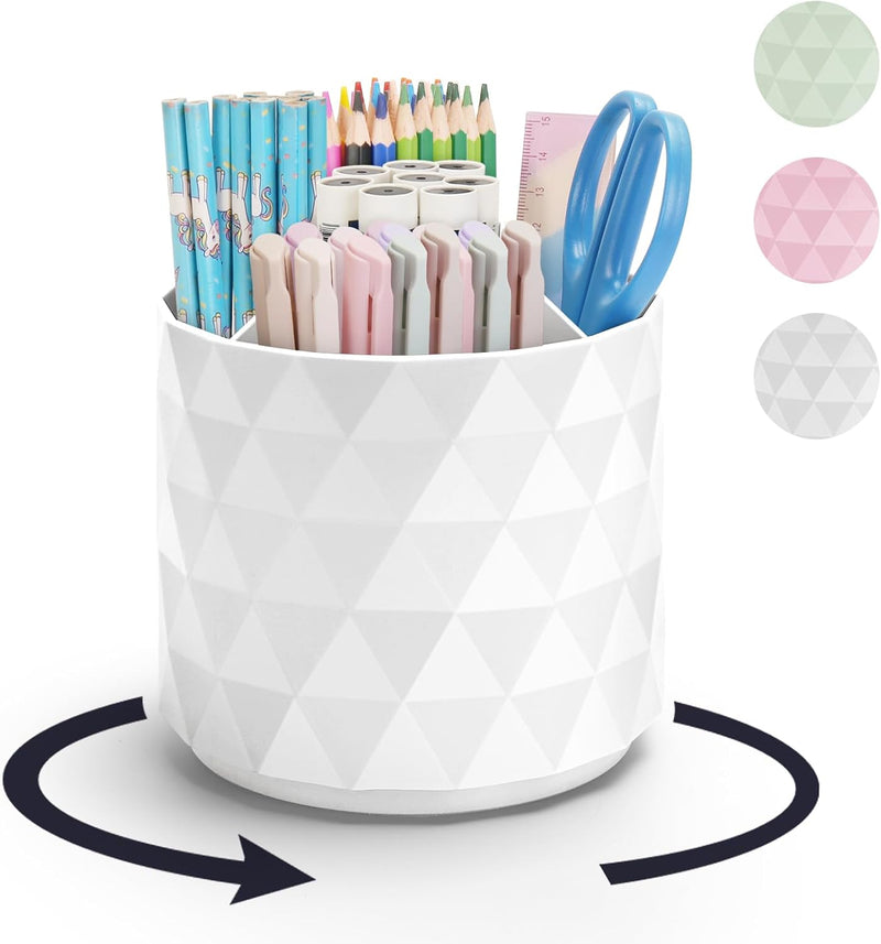 minimaliving Desk Organizer,Sparkling Diamond-like Pen Holder for Desk 360°Rotating Office Desk Accessories,Pencil Cup with 5 Compartments Storage Box Caddy for Office,School,Home,Art Supply(White)