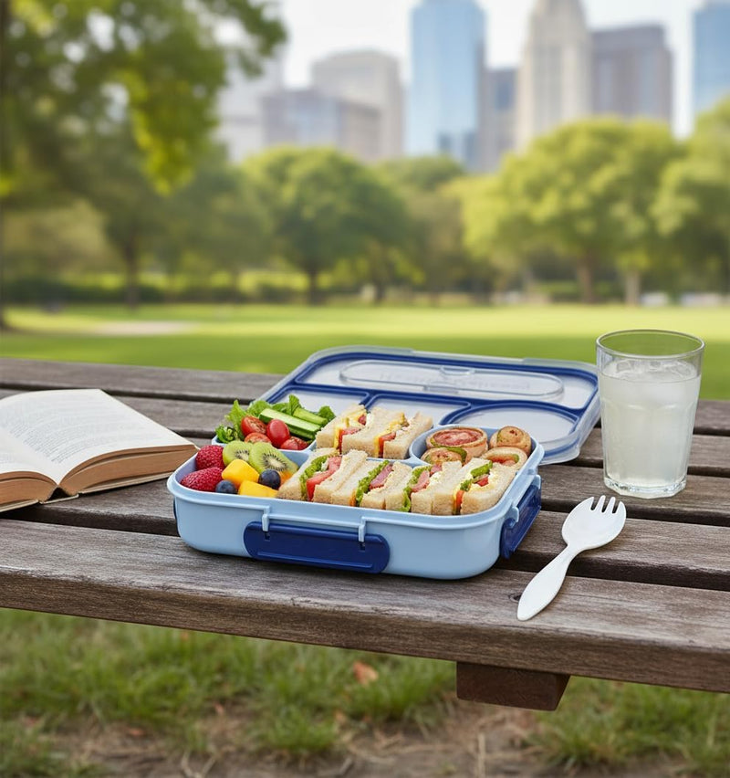 Bento Lunch Box, Microwave Safe Food Container with 4 Compartments & Fork, 1100ML, Leakproof Meal Prep for Men & Women, Reusable, 1 Pcs (Blue)