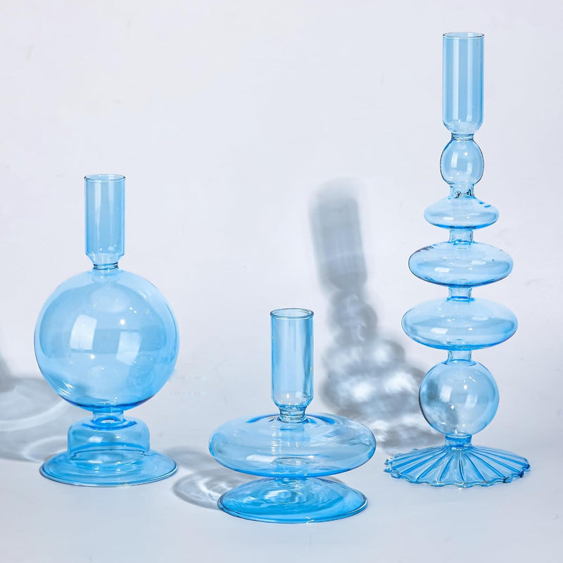 Rtteri 3 Pcs Glass Candlestick Holders Glass Taper Candle Holders Groovy Candlestick Wavy Glass Candlestick Holders Elegant Glass Candlestick Glass Vases for Home Party Centerpiece (Green)