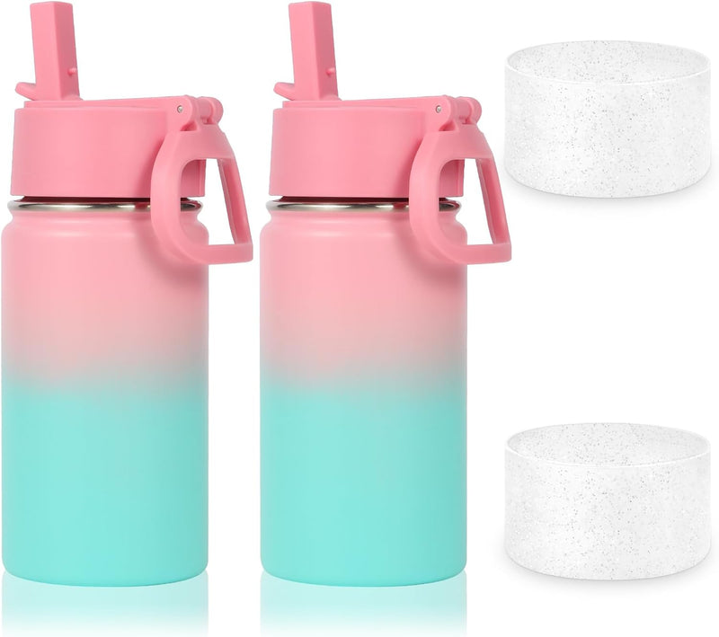 14oz Water Bottle with Straw Lid and Silicone Boot Bulk 2 Pack,Stainless Steel Insulated Cups for Boys & Girls Multipack,Double Wall Vacuum Leakproof Kids bottles(Red,1) - 2 Pink Green