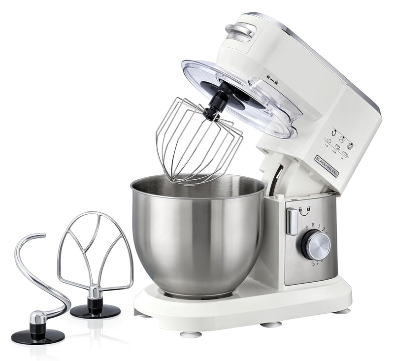 BLACK+DECKER Stand Mixer, 1000W, 6L Stainless Steel Bowl, 10 Speeds + Pulse, Planetary Action, Dough Hook, Beater, Whisk Attachments, Tilt Head, for Baking and Kneading, White - MKM100-B