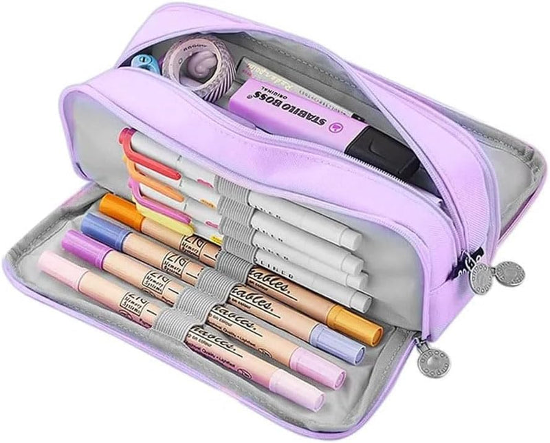 HASTHIP Large Capacity Pencil Case for Kids Girls Boys, 3 Compartments Pen Pouch Stationery Organizer Bag, Multi-Slot School Office Pencil Box for Teens Adults Women Men (Purple)