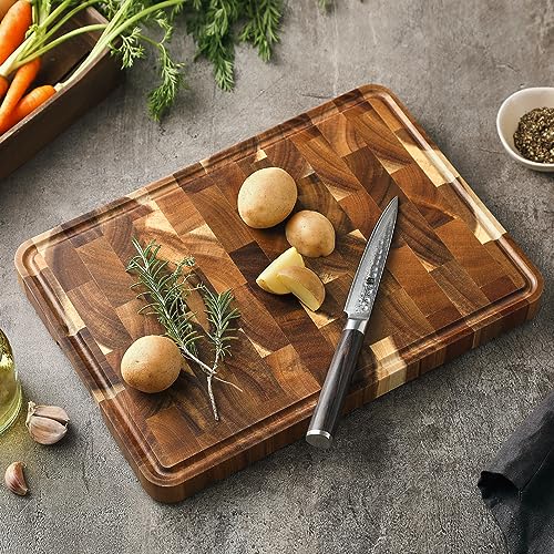 XINZUO End Grain Cutting Board, Acacia Wood, Easier grip for carrying and serving, Beautiful and not easy to crack, Moisture-proof and bacteria-free, Size 35 * 25 * 2.6cm (XHCB-XSM-02)