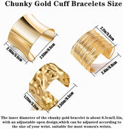 Gold Chunky Cuff Bracelets for Women, 3PCS Irregular Minimalist Statement Bangle Set, Open Wide Adjustable Arm Cuff Upper Arm Punk Jewelry, Chic Trendy for Daily Wear Party Offic