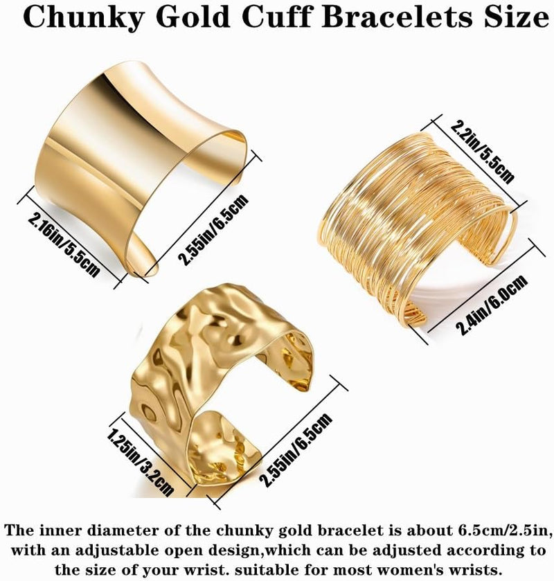 Gold Chunky Cuff Bracelets for Women, 3PCS Irregular Minimalist Statement Bangle Set, Open Wide Adjustable Arm Cuff Upper Arm Punk Jewelry, Chic Trendy for Daily Wear Party Offic