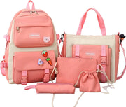 Kids Cute Backpack Set for School, 5PCS Kwaii School Bag Large-capacity, Girls Boys Back to School Book Bag Backpack for Teen - A/pink