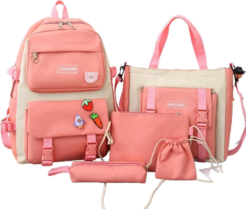 Kids Cute Backpack Set for School, 5PCS Kwaii School Bag Large-capacity, Girls Boys Back to School Book Bag Backpack for Teen - A/pink