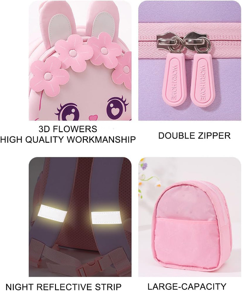 Cute Kids Backpack Toddler Backpack Bag Schoolbag Animal 3D Cartoon Animal for Baby Girl Boy 2-8 Years Small Kids Daypack (Pink Flowers Bunny)