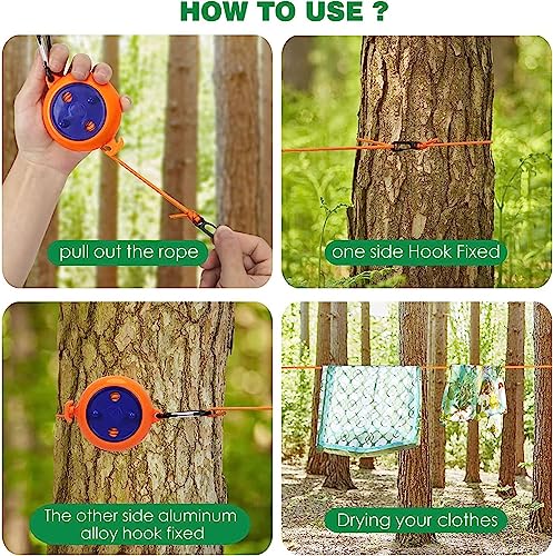 Excefore Retractable Clothesline, 8M Long Portable Nylon Windproof Clothesline with 20 Clothespins & 10 Stoppers, Adjustable Travel Laundry Rope for Indoor, Outdoor, Camping, Courtyard, Hotel