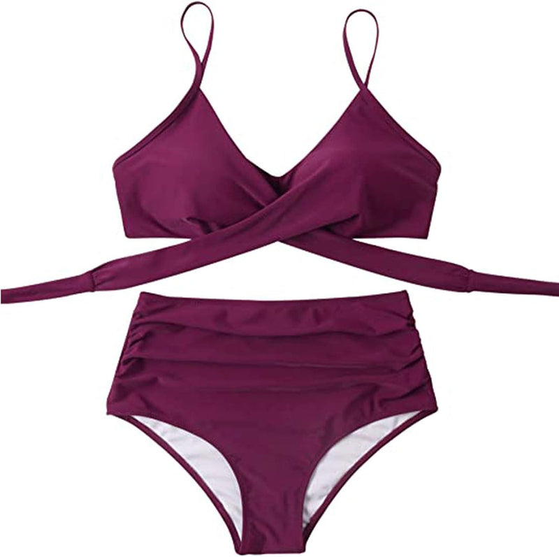 Women High Waisted Wrap Bikini Set Back Tie 2 Piece Swimsuits Low Neck Push Up Bathing Suits Solid Swimwear Print Criss cross Swimming suit Beachwear