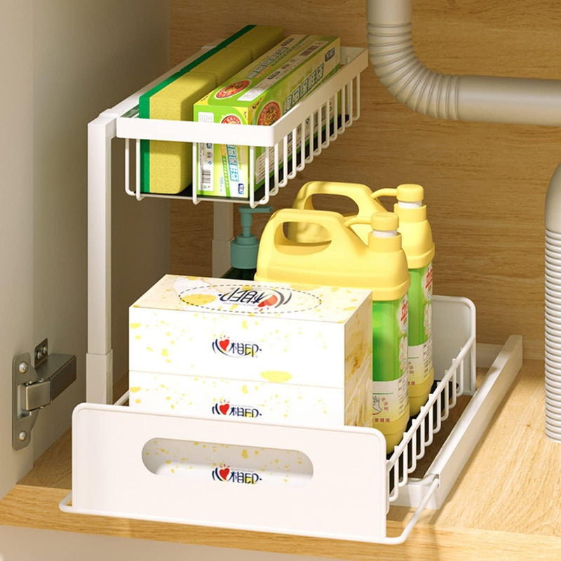 2 Tier Kitchen Storage Shelves, Under Sink Organizers and Storage, Pull Out Drawers Sliding Shelf Bathroom Countertop Organizer Rack L-Shaped