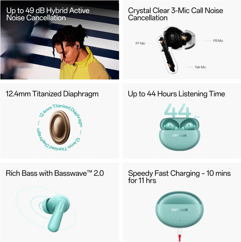 OnePlus Nord Buds 3 Pro Truly Wireless Bluetooth Earbuds with upto 49dB Active Noise Cancellation,12.4mm Dynamic Drivers,10mins for 11Hrs Fast charging with upto 44Hrs Music Playback Soft Jade